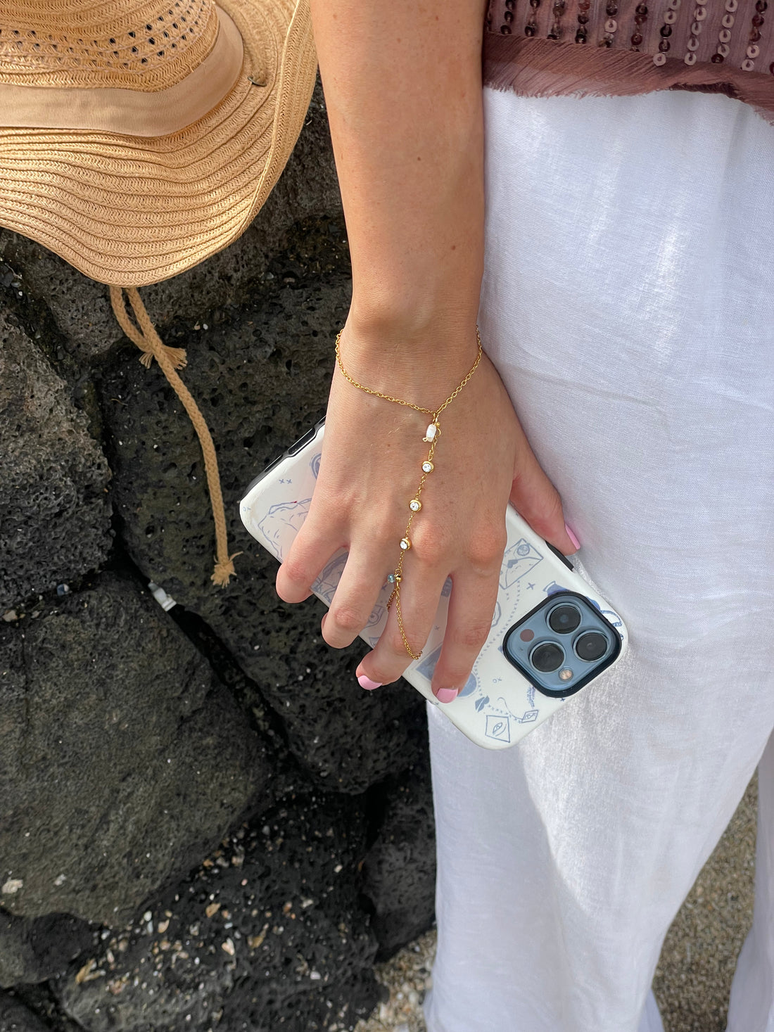 Hand Chain | Pearl + Blue Stone