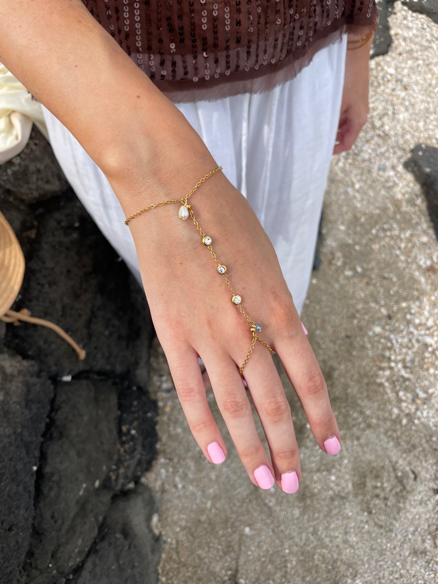 Hand Chain | Pearl + Blue Stone