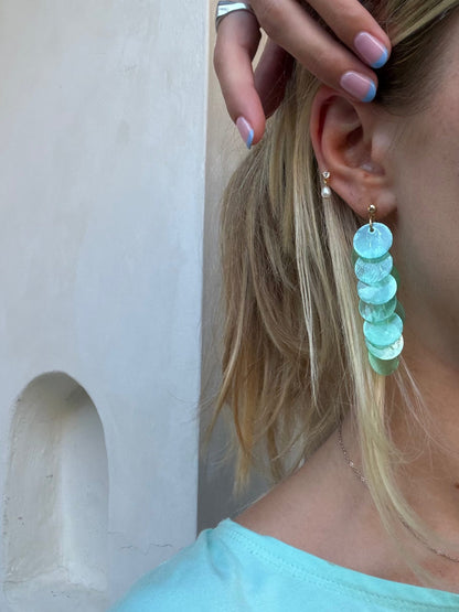 Aqua capiz shell earrings by Sugar NZ, layered shell disc earrings