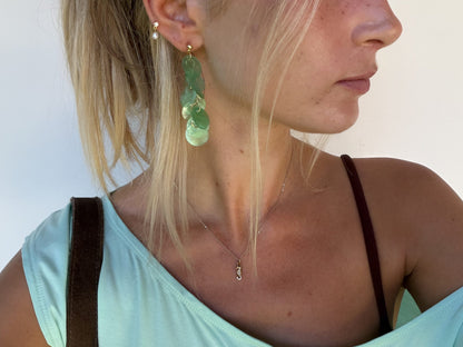 Aqua capiz shell earrings styled on ear